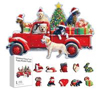 GLOBLELAND 200 pz puzzle Legno A Forma di Cucciolo di Camioncino di Natale per Adulti 15.8x10.1 pollici Scena Natalizia Puzzles Colorati e Unici di Animale per Regali di Compleanno e Anniversario