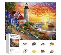 GLOBLELAND 300 pz Puzzle In Legno A Forma di Faro Sul Mare per Bambini Imparare A Conoscere Il Giardino Il Tramonto Puzzle Colorati e Unici A Forma di Animale per Regali di Compleanno e Anniversario