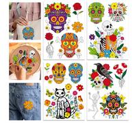 GLOBLELAND 4 fogli 17 pezzi di Stabilizzatori per Ricamo A Mano Idrosolubili Colorati A Forma di Teschio e Mandala di Halloween per Il Giorno Dei Morti per Esercizi di Ricamo per Principianti