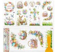 GLOBLELAND 4 fogli di trasferimento per mobili con coniglietto pasquale 11.8x5.9 pollici coniglio uova fiori farfalle strofinare foglie adesivi da parete per camera da letto soggiorno scrivania
