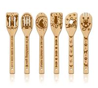 GLOBLELAND 6 pz Set di Utensili Da Cucina In Bambù A Forma di Gatto Cucchiai Da Cucina In Legno Incisi Spatola In Bambù Cucchiaio Da Cucina In Legno per Cucina Regalo di Inaugurazione Della Casa