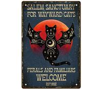 GLOBLELAND Cartello Vintage In Latta di Salem Cartello per Amanti Dei Gatti Poster Santuario Targa In Metallo di Benvenuto per Animali e Familiari Decor Da Parete per Casa e Cortile 12x8 pollici