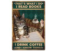 GLOBLELAND Cat Reading Books Targa In Metallo Vintage Targa Artistica Poster Retrò "Ho Letto Libri e Bevo Caffè" Targhe In Metallo Decorative Da Parete 12x8 Pollici per La Casa La Cucina Il Bar