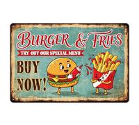 GLOBLELAND Hamburger Patatine fritte Divertente Metallo Segno di Latta 8x12in "Acquista Ora" Pittura Vintage Segni di Latta Parete Poster Targa per Diner Fast Food Ristorante Cucina Snack Bar Cibo
