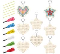 GLOBLELAND Kit per punto croce in legno, 8 pezzi, motivo: stella d'amore, portachiavi in legno, kit da cucito in plastica, kit da ricamo per principianti