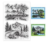 GLOBLELAND Paesaggio Rurale Timbri Trasparenti per Il Fai da Te Scrapbooking Decor Ponte Albero di Montagna Fiume Foresta Capanna Silicone Trasparente Francobolli per Fare Carte Album di Foto Decor