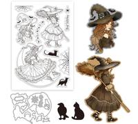 GLOBLELAND Set di timbri in silicone per streghe e gatti, per realizzare biglietti, luna e stelle, trasparenti timbri e fustelle, per fai da te, scrapbooking, biglietti di auguri