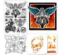 GLOBLELAND Timbri Trasparenti con Teschi Motociclette e Fiamme Fustelle In PET per Pittura Stencil per Biglietti Ali di Halloween Timbro In Silicone Fustelle In Metallo Stencil In PET