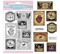 GLOBLELAND Timbro Trasparente Vintage per Stregoneria Cornice per Biglietti Pozioni Magiche Retrò Timbro Trasparente Animali Magici Timbri In Silicone Sigillo per Scrapbooking Journaling Decorazione