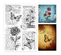GLOBLELAND Vintage Fiori timbri trasparenti per il fai da te Scrapbooking Decor Schizzo Farfalle testo scritto a mano Rose papaveri in silicone trasparente Francobolli per fare le carte Album