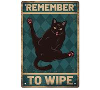 GLOBLELAND Vintage Metal Black Cat Targa in Metallo Divertente Art Plaque Poster Retro Remember To Wipe Decorazione da Parete Targhe Decorative in Metallo 12x8 Pollici