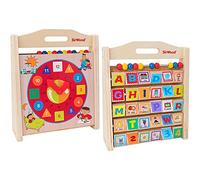 Globo- Giocaimpara Gioco in Legno 3 in 1: Abaco, Alfabetiere Gioca e impara Lettere, Numeri e a Leggere l'orologio, Multicolore, 8014966405009