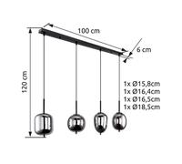 Globo Lampada a sospensione Blacky, nero/grigio fumo, lunghezza 110 cm, a 4 luci. Globo