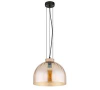 Globo Lampadario Lampada Da Soffitto Nera Opaca Vetro Ambra Legno E27 H120cm [EEK: Non valutato]