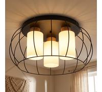 Globo Lampada Da Soffitto 3 Luci Nero Legno Vetro LED Gabbia 50 cm