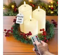 GloBrite Confezione da 3 candele LED tremolanti, candele a batteria, candele senza fiamma e ghirlanda di bacche, candele a pilastro color avorio, timer 24 ore e decorazioni natalizie con telecomando