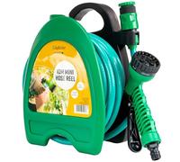 GloBrite Mini avvolgitubo con tubo da giardino piccolo da 10 m, pistola a spruzzo d'acqua e ugello regolabile, pistola a spruzzo e montaggio a parete, irrigazione compatta e portatile per vasi