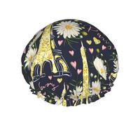 Glod - Cuffia per capelli per doccia, motivo: Torre Eiffel, margherita, grande, riutilizzabile, impermeabile, a doppio strato, da donna, con fodera in PEVA e corda elastica