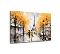 GLOKAKA Parigi Torre Eiffel Wall Art Albero Giallo Romantico Parigi Coppia in Città Strada Decorazione da Parigi Tela Decorazione da Parete Moderna Città Stampa su Tela Opera