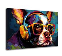 GLOKAKA Pittura colorata con cane, arte da parete in tela con graffiti, moderna pop art cane con occhiali, divertente pittura con animali per casa, camera da letto, bagno, ufficio