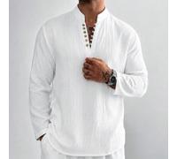 GloMan Quiet Luxury Polo da uomo bianca in 100% cotone, scollo a V, mezza di bottoni, maniche lunghe, per autunno, all'aperto, ritorno a scuola, street, vacanze, marito/padre L,M,S,XLColore unicoTessu