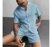 GloMan Set da 2 Pezzi Uomo Blu Estate Stile Cubano Camicia in Lino & Pantaloncini con Coulisse, Old Money Casual Spiaggia Matrimonio Festa Vacanza Viaggio, Adatto per Marito/Papà/Fidanzato L,M,S,XL,XS