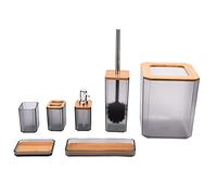 Glomora Premium 7 Pezzi Set di Accessori da Bagno, Complesso da Bagno in Legno con Portasapone, Portasapone, Portaspazzolino, Tazza, Scopino, Pattumiera E Vassoio per Casa E Hotel(Grigio)