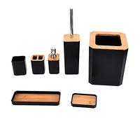Glomora Premium 7 Pezzi Set di Accessori da Bagno, Complesso da Bagno in Legno con Portasapone, Portasapone, Portaspazzolino, Tazza, Scopino, Pattumiera E Vassoio per Casa E Hotel(Nero)