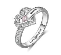 Glooraca Anello da donna con pietre di nascita personalizzate, con 1-8 pietre di nascita simulate con nome, in argento Sterling 925, con cuore inciso, promessa di fidanzamento, regalo per donne,