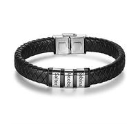 Glooraca Bracciali personalizzati con nome maschile Bracciale in pelle a treccia con nomi incisi Bracciale con nome personalizzato per i regali del padre e del marito (Silver+Black, 6 Names)