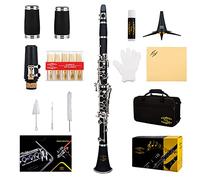 Glory GLY-PBK - Clarinetto professionale in ebanite con 10 ance, supporto, custodia rigida, panno per la pulizia, spazzola per bocchino e spazzola per cuscinetto, nero