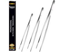 Gloryor Pinze Cucina Acciaio (3pz), Pinza da Chef professionali di Alta Precisione, Barbecue, Bistecca, Hamburger, Pasta, Dessert, Decorazione, Estrazione, Cottura al Forno, 20+25+30cm, Argento
