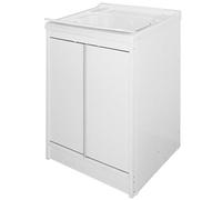 GLOUPIE Mobile Lavatoio In Resina E PVC Bianco Con 2 Ante E Piano Di Lavaggio Richiudibile, L 60 x P 50 x H 84 cm, Completo Di Asse Lava Panni E Kit Di Scarico Con Sifone E Piletta, Made In Italy