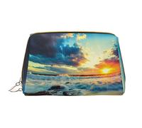 Glow in The Dark Makeup Bag,Grande sacchetto cosmetico in pelle portatile,Borsa organizer da viaggio impermeabile per articoli da toeletta, Spiaggia al tramonto, Taglia unica