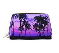 Glow in The Dark Makeup Bag,Grande sacchetto cosmetico in pelle portatile,Borsa organizer da viaggio impermeabile per articoli da toeletta, Palma Albero Viola Tramonto, Taglia unica