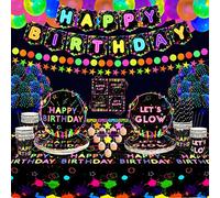 Glow Neon Party Tableware Supplies - Include Happy Birthday Banner , Piatti, Tovaglie, Tazze, Tovaglioli, Paglie, Vortici Da Appendere, Palloncini, Per Decorazioni Per Feste Blacklight 20 Ospiti