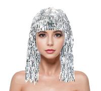 Glow Parrucca stagnola per adulti lucido metallizzato accessorio per feste perfetto per travestimenti in maschera discoteca eventi Photo Booth puntelli Cosplay forniture argento taglia unica