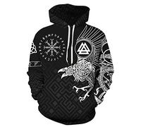 GLUDEAR Felpa con cappuccio da uomo con stampa 3D della mitologia norrena del tatuaggio dei vichinghi, Corvo Bussola Runica, Large