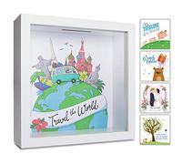 GLÜCKSWOLKE - Salvadanaio Adulti I Fondo di Viaggio I Vacanze Cassa I Mappamondo I Travel Fund I I Regalo a Scopo del Risparmio I Regali di Viaggi I 3D Cornice per Foto Legno I Travel the World