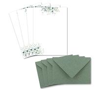 Glüxx Agent Set di carta naturale, formato DIN A5, color crema con rami di eucalipto, buste verdi, 25 fogli stampabili, ideali per inviti di nozze