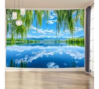 GLWDMB 1 pezzo, sfondo in poliestere, paesaggio blu con salici piangenti e montagne, arazzo da appendere alla parete, per camera da letto, ufficio, dormitorio, decorazione per feste, 230 x 150 cm