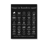 GLWDMB Panneau de symbole de blanchisserie française imprimé, affiche en noir et blanc, tableau d'art mural, peinture sur toile, décor de buanderie sans cadre, 1 Pezzo