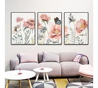 GLWDMH Pittura su tela con peonia rosa, farfalla, acquerello, arte della parete, pittura floreale, poster e stampe, immagini per la decorazione del soggiorno - Senza cornice, 3 Pezzi