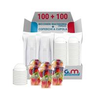 GM - 100 Bicchieri Trasparenti PET da 300 ml per Macedonia e Frutta con 100 Coperchi a Cupola Senza Foro, Bicchieri Idonei al Contatto Alimentare per Asporto ed Esposizione, Bar e Gastronomia
