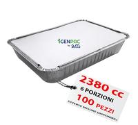 GM - 100 Contenitori Alluminio 6 Porzioni 2380 cc con 100 Coperchi Alluminizzati, Vaschette Extra Capienti Ideali per Forno, Congelamento, Gastronomia, Catering e Asporto Professionale