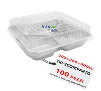 GM - 100 Contenitori Alluminio Triscomparto 200+280+480 cc con 100 Coperchi Rigidi Trasparenti, Vaschette a Tre Scomparti Ideali per Forno, Conservazione, Gastronomia e Asporto Professionale