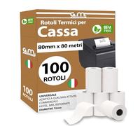 GM 100 Rotoli Cassa 80x80 Termica Fiscale Omologati, Registratore di Cassa Fiscale, Lunga Durata, BPA FREE, Larghezza 80mm x 80 metri, Diametro 72mm, Foro 12mm, 10 Confezioni da 10 Rotoli termici