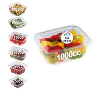 GM - 100 Vaschette Quadrate Trasparenti 1000 cc con Coperchio Attaccato, Contenitori Ermetici in PET Idonei al Contatto Alimentare per Gastronomia, Asporto e Pranzo - 19×15,5×6,5h cm - Made in Italy