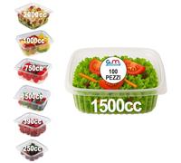 GM - 100 Vaschette Quadrate Trasparenti 1500 cc con Coperchio Attaccato, Contenitori Ermetici in PET Idonei al Contatto Alimentare per Gastronomia, Asporto e Pranzo - 23x22,5x6h cm - Made in Italy