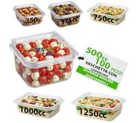 GM - 100 Vaschette Quadrate Trasparenti 500 cc in PET con Coperchio Attaccato, Contenitori Ermetici Idonei al Contatto Alimentare per Gastronomia, Banco Frigo e Pranzo Ufficio - 10,2×11,2×5,2h cm